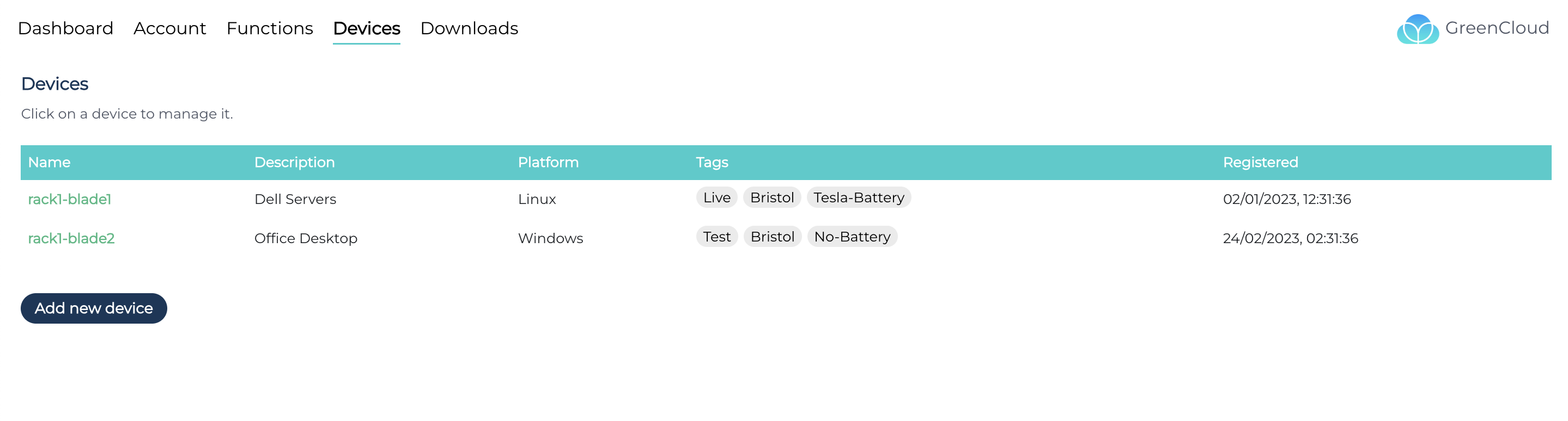 Screenshot of GreenCloud devices pages